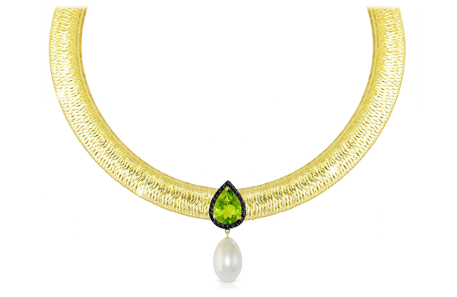 Vera Perla 18K Gold 0.12ct  Black Diamonds, Peridot and 13mm White Pearl  Necklace